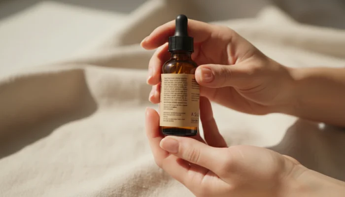 Woman reading the ingredients list on an amber glass indie skincare serum bottle