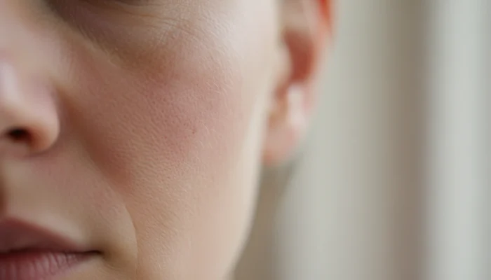 Close-up of natural skin texture showing mild redness and sensitivity on the cheek