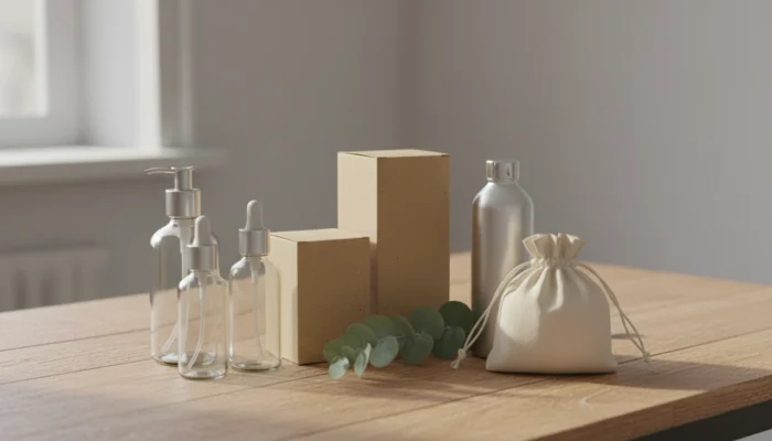 Sustainable refillable glass beauty packaging with eucalyptus leaves on natural wood surface