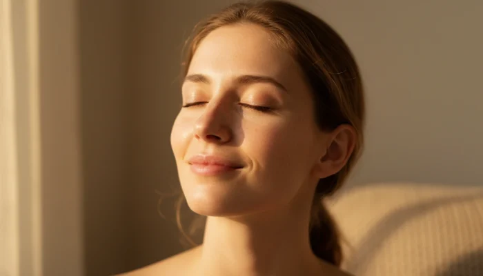 Close-up portrait of a woman with calm, glowing bare skin and a peaceful expression in soft natural light.
