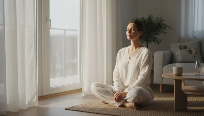 Woman in cream linen practicing slow breathing by a sunlit window with herbal tea, serene morning wellness ritual.