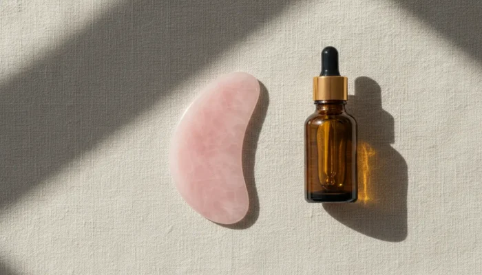 Rose quartz gua sha tool resting on linen next to an amber bottle of facial oil