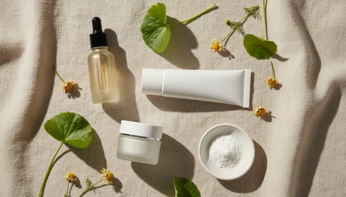 Flat lay of minimalist skincare products, centella leaves, chamomile, and niacinamide powder on beige linen