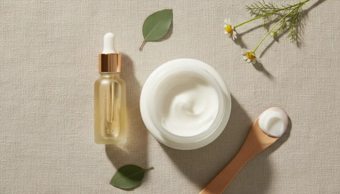 Flat lay of minimalist skincare with a dropper bottle, cream jar, green leaves, and chamomile on beige linen.