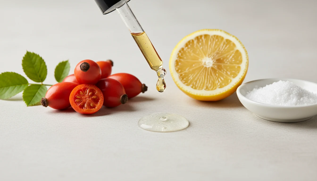 Fresh skincare ingredients including rosehips, vitamin C, niacinamide and hyaluronic acid arranged in soft natural light