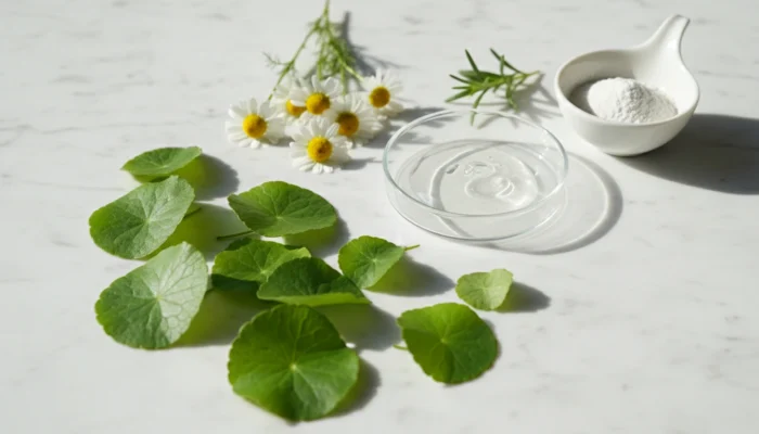 Botanical neurocosmetic ingredients including centella asiatica leaves, chamomile flowers, hyaluronic gel and niacinamide powder on marble surface