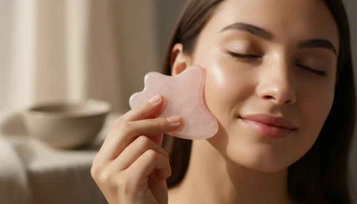 Woman using rose quartz gua sha tool to sculpt and lift along her cheekbone