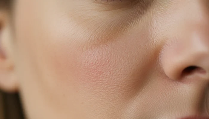 Macro close-up of a woman's cheek showing subtle redness and dehydration lines on bare skin