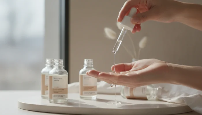 Clear skincare serum being dropped from a pipette onto an open hand in soft natural light