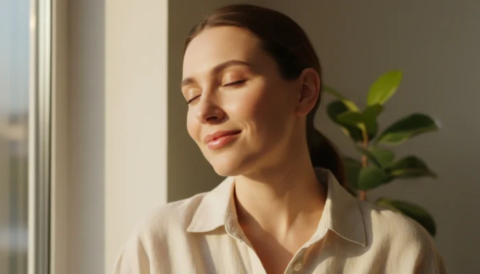 Calm woman with natural glowing skin after skinimalism makeup routine — quiet confidence and recovery from emotional exhaustion