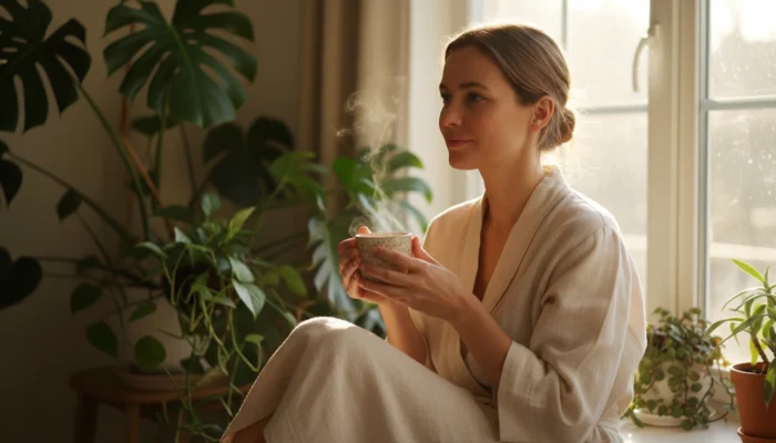 Woman with glowing bare skin enjoying herbal tea by a sunny window, representing slow beauty skincare and mindful skin fasting