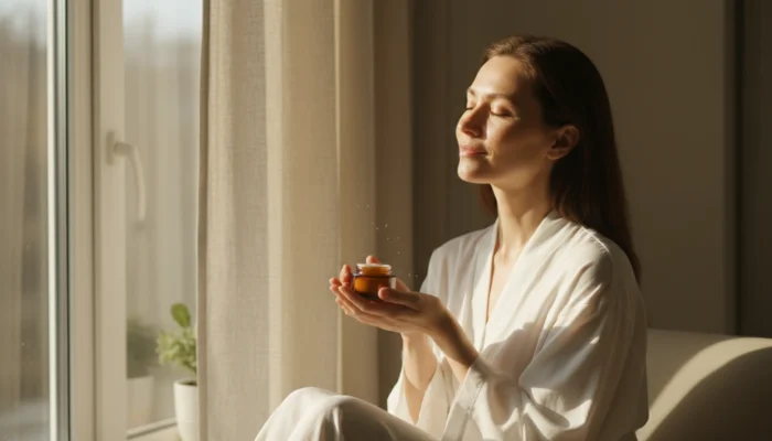 Woman in a white robe sitting by a sunlit window holding one small skincare jar, with bare calm skin.