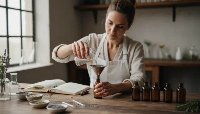 Independent beauty brand formulator pouring serum through a modern funnel into an amber glass bottle in an artisanal skincare workshop
