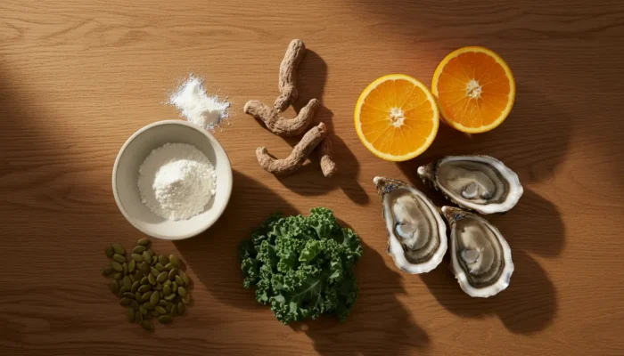 Editorial flat lay of ashwagandha root, marine collagen powder, citrus, oysters and leafy greens on oak wood, wellness ingredients.