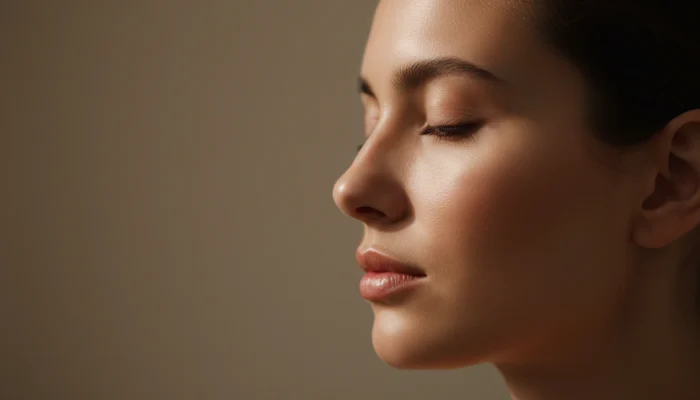 Close-up profile of a woman with calm, clear skin and closed eyes, illustrating the connection between the nervous system and skin health.