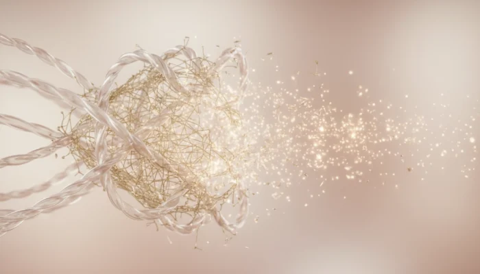 Abstract macro image of delicate golden collagen fibers breaking apart, symbolizing dermal scaffolding loss from chronic stress.