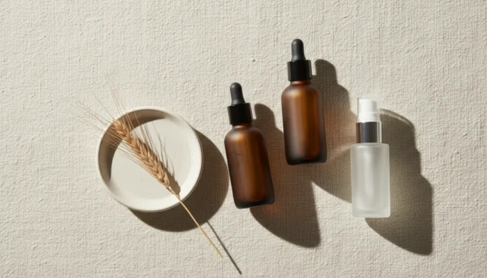 Minimalist flat-lay of curated luxury skincare bottles on cream linen, representing a simpler, barrier-conscious approach to skincare.
