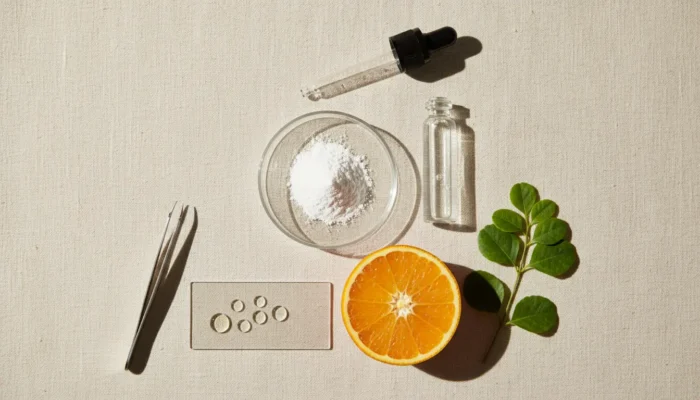 Editorial flat lay of niacinamide, hyaluronic acid, vitamin C, bakuchiol and squalane skincare ingredients