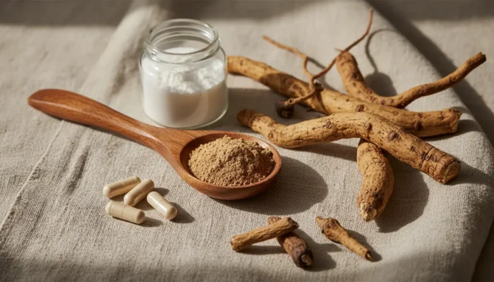 Ashwagandha root, marine collagen powder and magnesium capsules on linen, showcasing bioavailable supplements for skin health