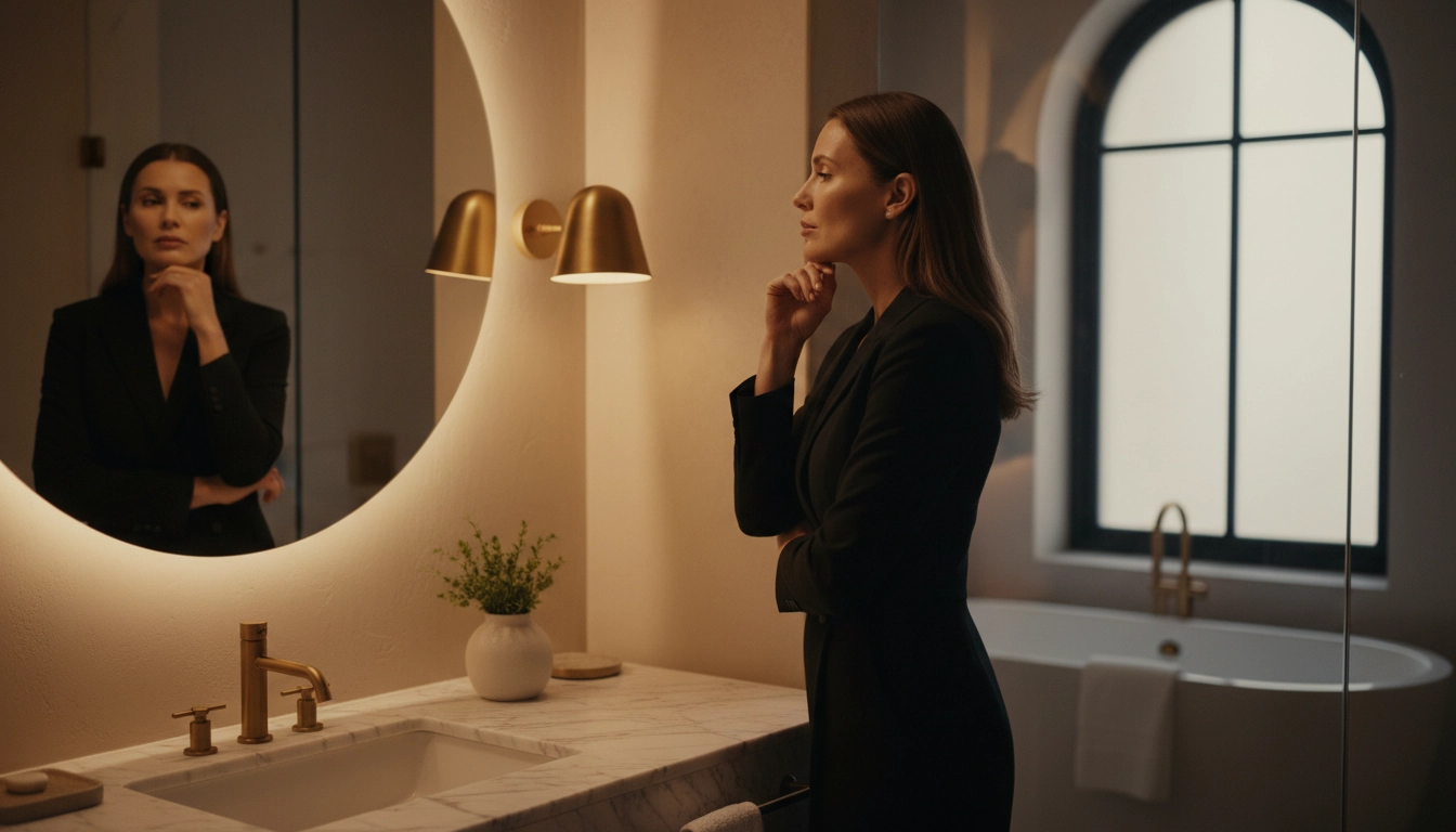 Elegant woman in her late thirties looking thoughtfully at her reflection in a softly lit mirror, evening light, quiet luxury editorial.