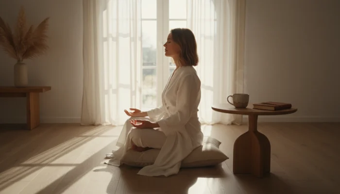 Woman in ivory linen robe practicing breathwork by an arched window at sunrise, the ritual foundation of longevity and radiance