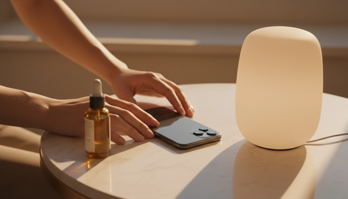 A woman placing her phone face-down on a marble surface beside a glowing lamp and serum bottle, symbolising the moment overstimulation ends.