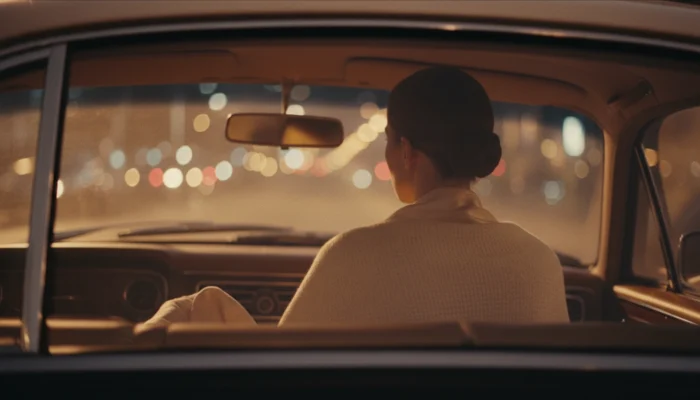 Elegant woman wrapped in cashmere inside a luxury car at dusk, embodying the quiet luxury of wellness and skin health