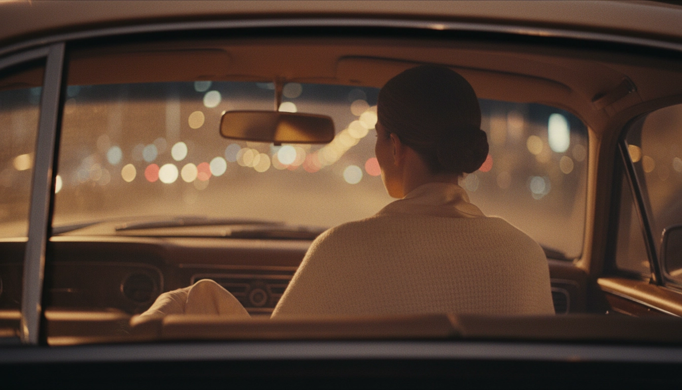 Elegant woman wrapped in cashmere inside a luxury car at dusk, embodying the quiet luxury of wellness and skin health