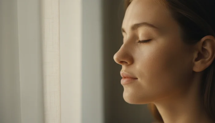 Serene woman with luminous bare skin in soft morning light, illustrating the brain-skin axis and the biology of calm