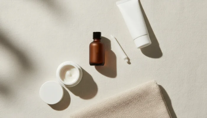 Minimalist sensitive skin skincare routine flat lay with serum, moisturiser and mineral sunscreen