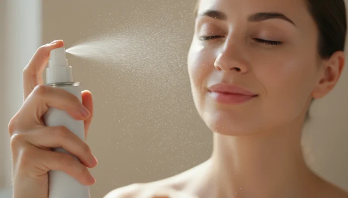 Close-up of a woman misting thermal water onto her bare, calm face in soft natural light.