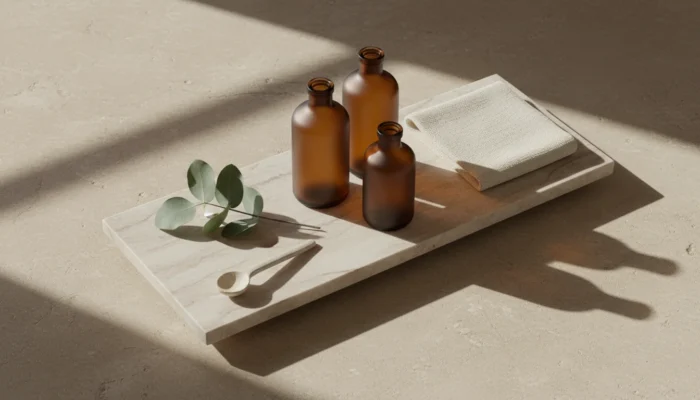 Minimalist marble shelf with amber apothecary skincare bottles and eucalyptus, reflecting French-edited high-integrity beauty