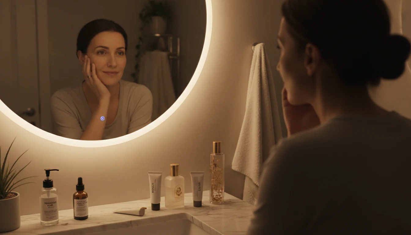 Woman standing in front of a bathroom mirror surrounded by half-used skincare products, gently touching her tired cheek in warm evening light.