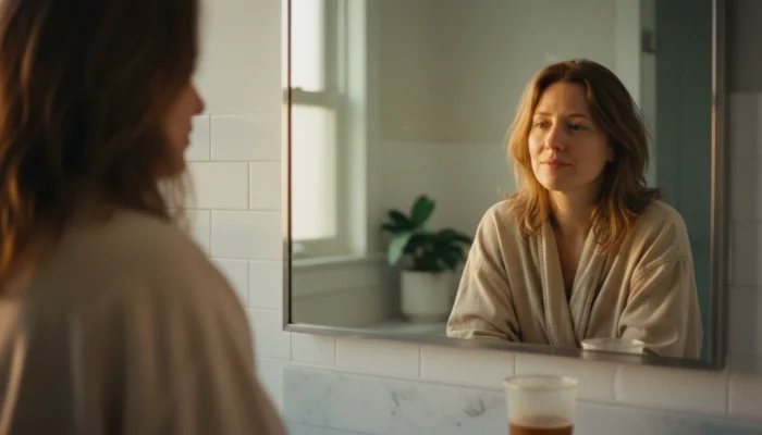 Woman with tired skin looking in mirror in soft morning light — emotional exhaustion reflected on the face before her minimalist makeup routine