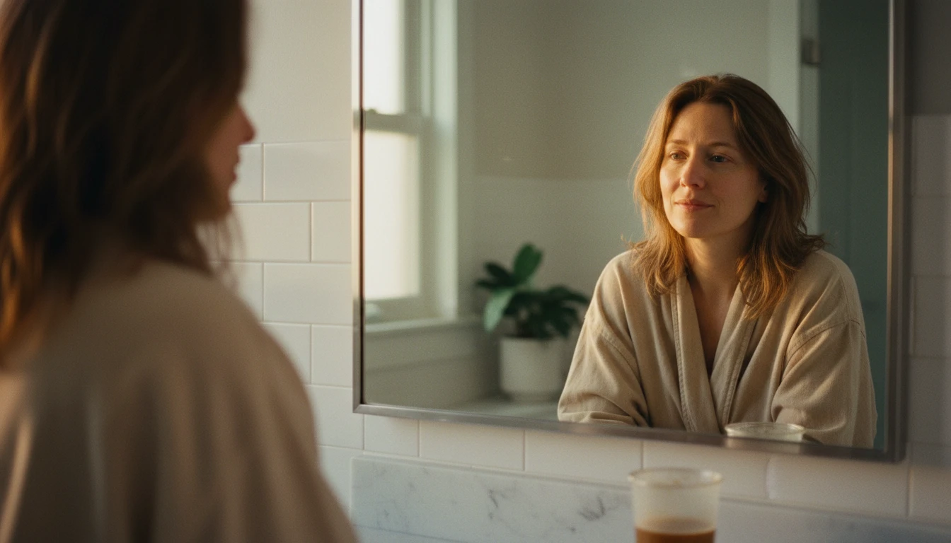 Woman with tired skin looking in mirror in soft morning light — emotional exhaustion reflected on the face before her minimalist makeup routine
