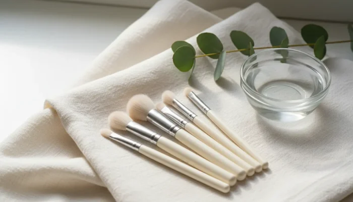Clean makeup brushes laid on white linen illustrating skin-friendly makeup tips for sensitive skin