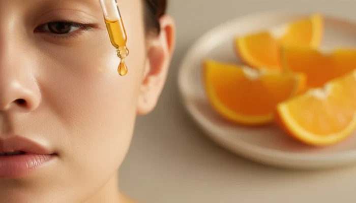 A few drops of vitamin C serum on a woman’s radiant, glowing skin—antioxidant protection and collagen production.