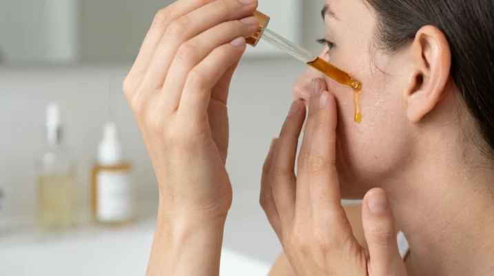 A close-up of a woman's hand gently applying oil to her cheek.