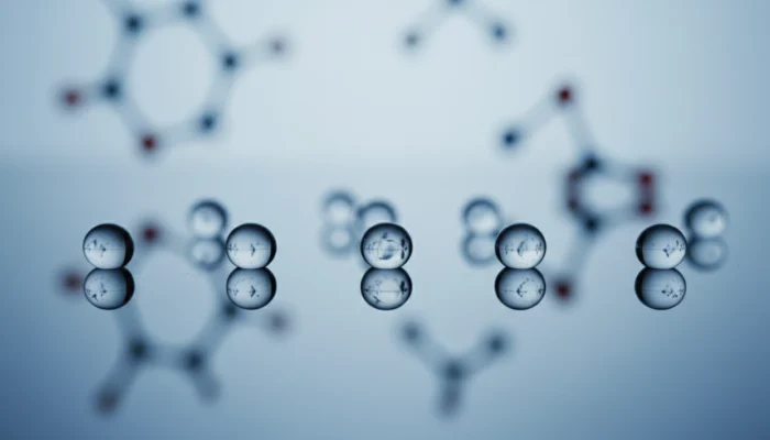 Abstract molecular skincare concept, translucent serum droplets on glass, TFC8 science visualization