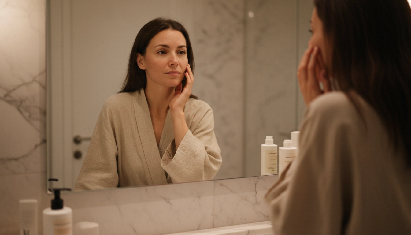 Woman with sensitive, redness-prone skin looking in bathroom mirror at night — AIME review on gut-skin axis and French wellness