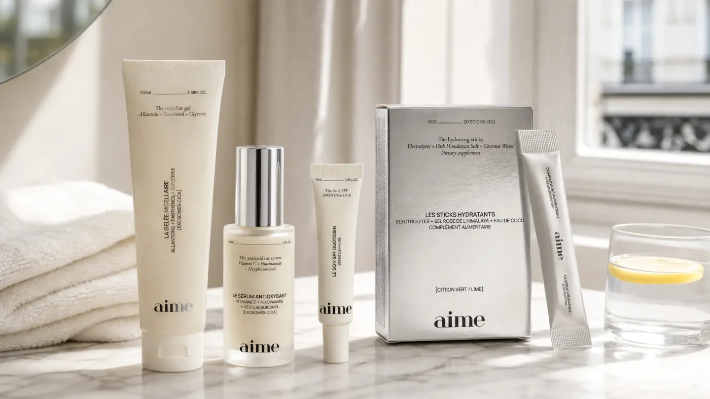 AIME micellar gel, antioxidant serum, daily SPF and hydrating sticks — AIME skincare review for wellness for sensitive skin