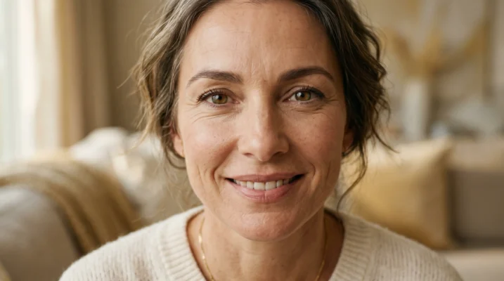 A sophisticated close-up portrait of a woman in her 40s with healthy, resilient skin texture, representing the confidence of well-cared-for mature skin.