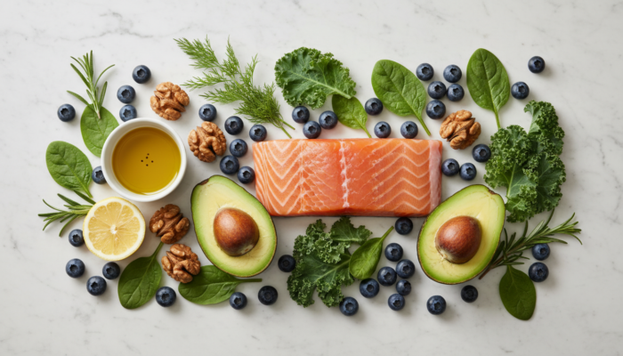 Anti-inflammatory foods including salmon, avocado and blueberries — diet for sensitive skin health