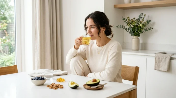 Woman drinking herbal tea with anti-inflammatory foods — internal nutrition for restoring your skin after burnout