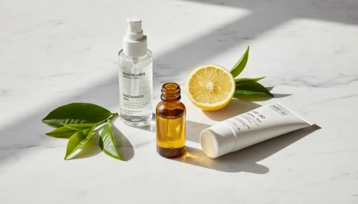 Flat lay of antioxidant skincare ingredients including vitamin C serum, niacinamide, mineral sunscreen and green tea for blue light protection