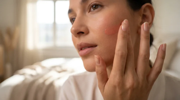 Close-up of hands applying cream makeup directly to the skin for a natural, effortless luxury look.