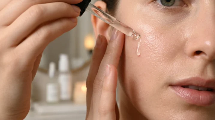 A close-up photograph of a woman applying a face serum with a dropper during her evening skincare ritual.