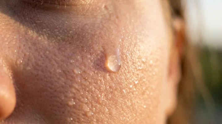 A macro close-up of a transparent serum drop hitting visibly damp skin, illustrating the correct application method for maximizing absorption.