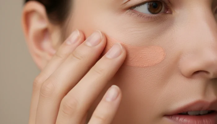 Close-up of fingertips blending cream blush into the cheek showing a dewy, skin-like satin finish