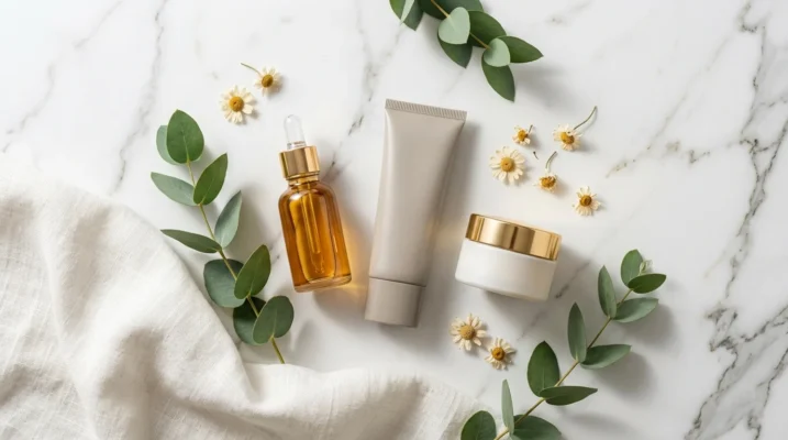 Flat lay of tinted mineral SPF, vitamin C serum and ceramide cream — best products for protecting skin barrier from blue light